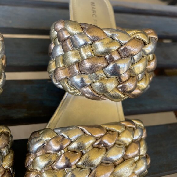 Marc Fisher Toree Women’s Braided Metallic Heeled Sandals 9.5 Silver Square Toe - Picture 8 of 10